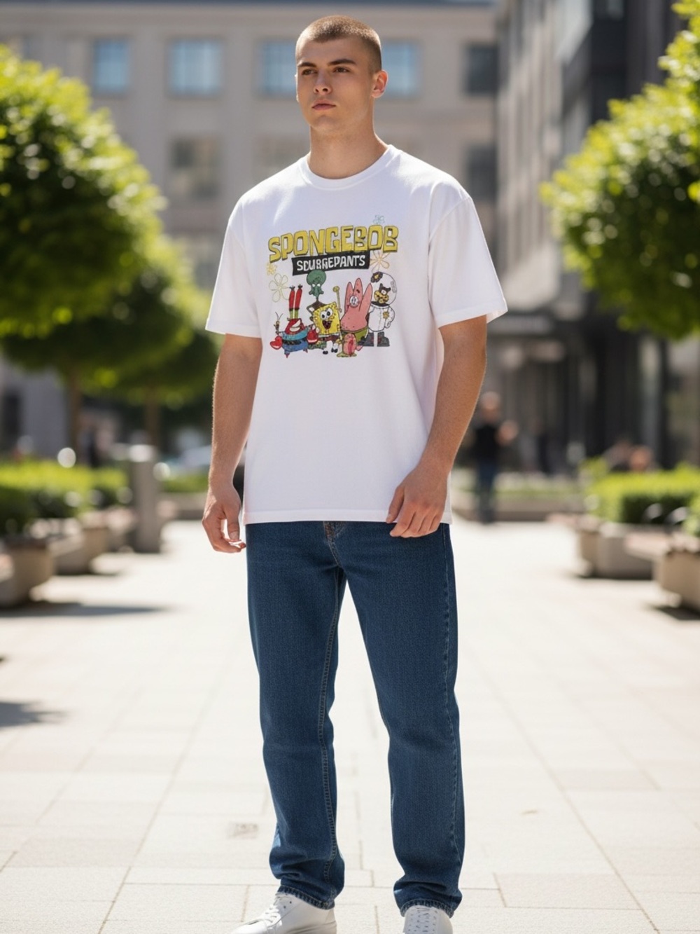 Nickelodeon White SpongeBob Graphic Tee with Multicolor Characters